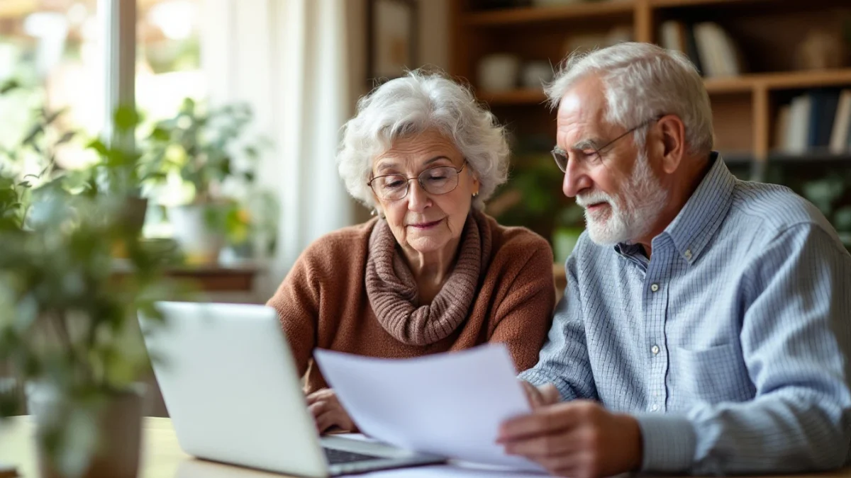 An elderly couple reviewing insurance paperwork together at home