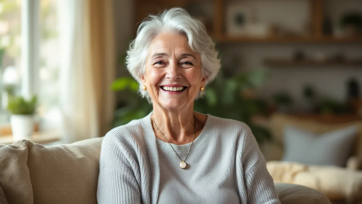 A smiling senior woman at home wearing a discreet medical alert pendant