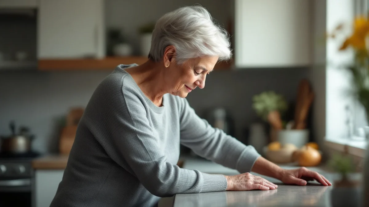 A senior woman steadying herself safely at home