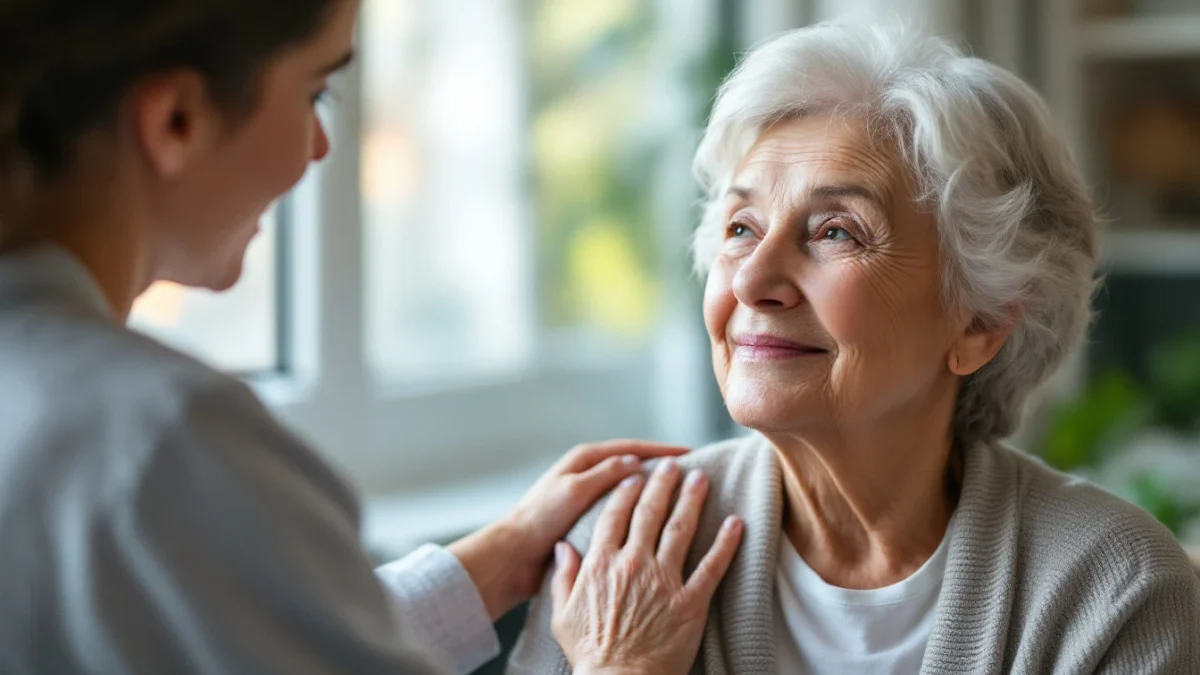 An elderly woman at home with a caregiver reassuringly beside her