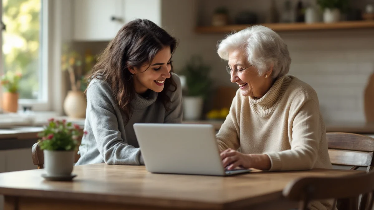 An adult daughter and her elderly mother comparing medical alert options on a laptop