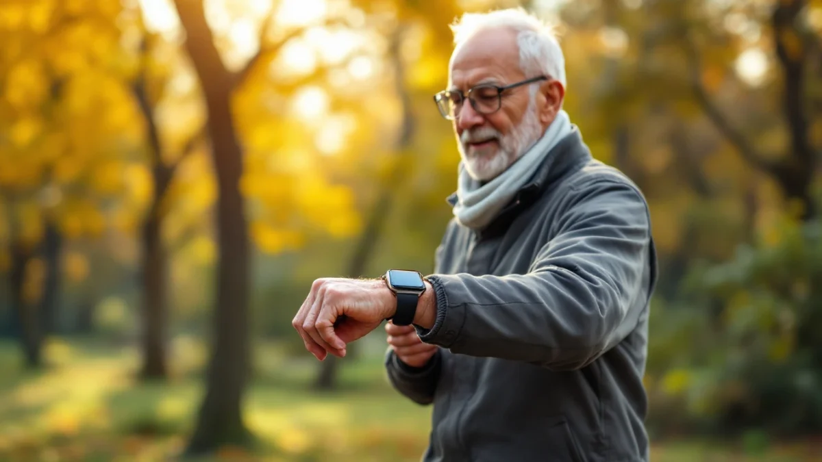 An active senior checking a smartwatch during a morning walk