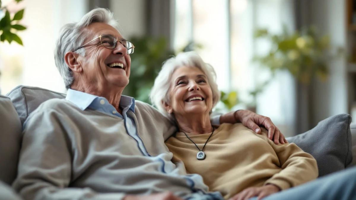 A senior couple relaxing at home, one wearing a medical alert pendant
